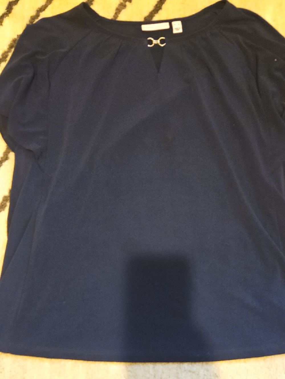 Susan Graver Navy Short-Sleeve Top with Decorative Metal Accent